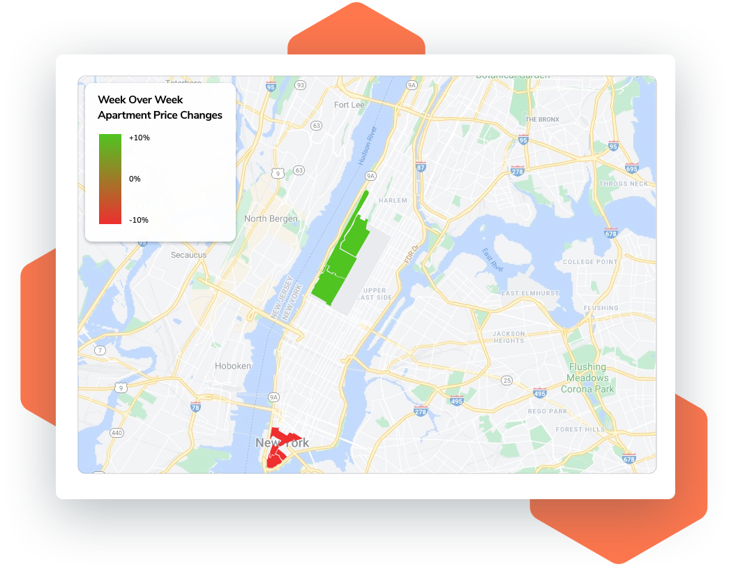 Shinrai dashboard screenshot of heat map visualization of week over week apartment price changes